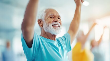  Nursing home residential activity concept. Happy elderly man smiling and raising arms in a nursing home gym, supportive and encouraging.