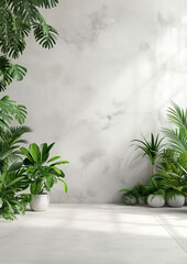 Minimalistic Room with Potted Green Plants and a Textured White Wall