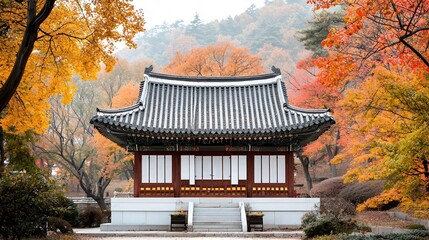 Obraz premium Traditional Asian temple surrounded by autumn foliage, bright fall colors with a calm atmosphere, space for text in the foreground, high-end magazine photography, deep depth of field, Product