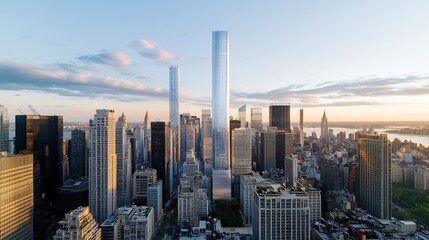 Obraz premium Stunning aerial view of the New York City skyline at sunset, iconic skyscrapers with ample copy space in the sky, high-end magazine photography, deep depth of field, Product photography with high