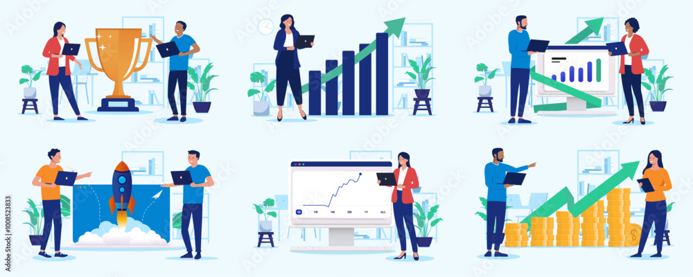 Fototapete business success illustration collection - set of vector graphics with businesspeople working with c