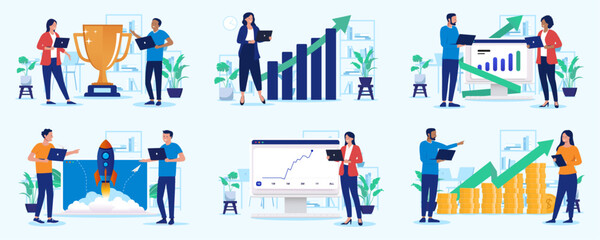 Business success illustration collection - Set of vector graphics with businesspeople working with charts, graphs and diagrams using computers and smiling. Successful people and businesses concept
