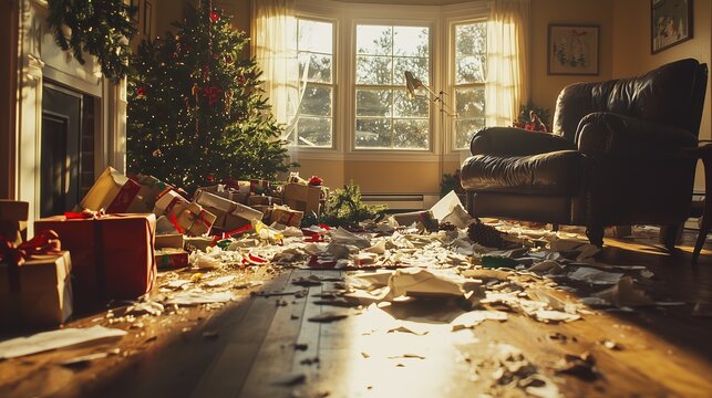 Post-christmas mess with scattered wrapping paper and boxes, highlighting holiday waste.