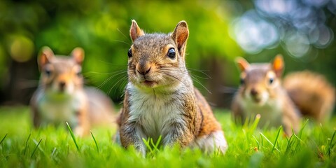 Fototapeta premium A curious squirrel with a watchful gaze, surrounded by lush green foliage, its vibrant fur contrasting with the blurred background, hinting at the presence of other furry companions nearby.