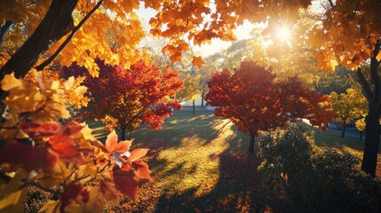 Sunny autumn day in the park with vibrant foliage and warm sunlight shining through the branches.
