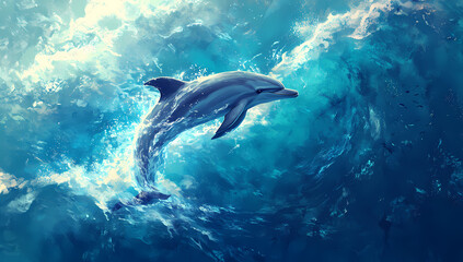 Obraz premium A dolphin leaps gracefully from shimmering blue ocean waters.