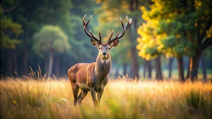 A Majestic Red Deer Buck Stands Proudly in a Field of Golden Grass, Its Antlers Reaching Toward the Sunlit Canopy of the Forest Beyond