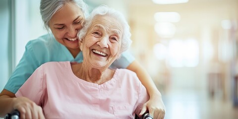  Nursing home residential care concept. A caregiver, nurse joyfully assists an elderly woman in a wheelchair, highlighting compassion and support in nursing home.