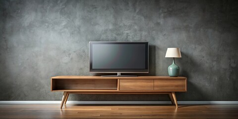 Minimalist Living Room Featuring a Flat Screen Television on a Wooden Console with a Ceramic Lamp