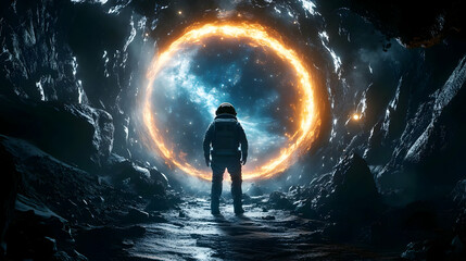 Obraz premium Astronaut Stands Before Blazing Portal to Another Dimension