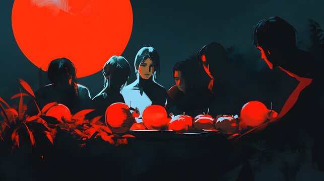 A group of people gathered around a table of red apples under a large, glowing moon.