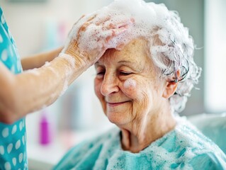 Nursing home residential care concept. A joyful elderly woman enjoying a relaxing hair wash in a nursing home salon, a moment of selfcare and pampering, personal grooming. 