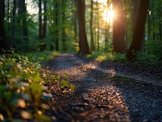 Forest path with dappled sunlight, serene and inviting, Nature, Soft greens, Photograph, Woodland walk