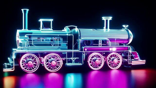 Steam locomotive 3D retro model  , bright neon lights on a black background. Generative AI
