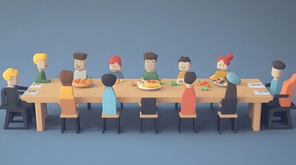 A diverse group of animated characters enjoying a meal around a large table.