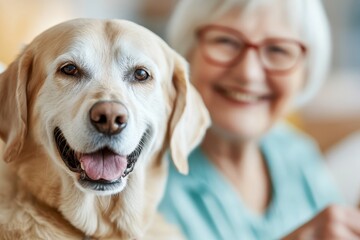 An elderly woman with glasses smiles warmly alongside her happy golden retriever in a nursing home, animal therapy. Nursing home residential activity concept.