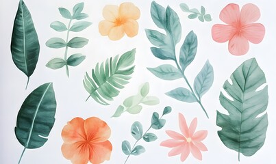 Watercolor painting of tropical flowers and leaves arranged around a white background,  Generative AI 