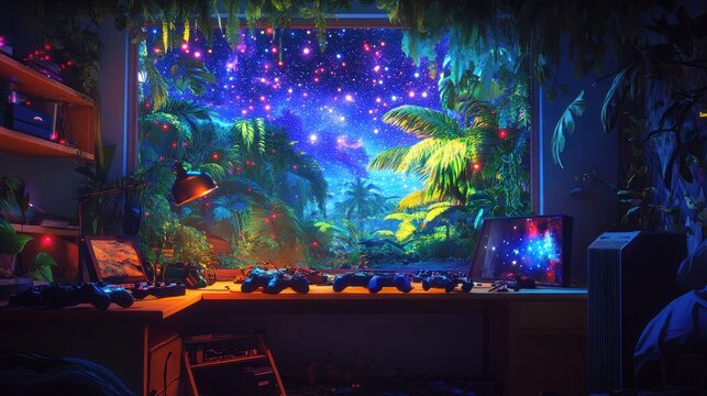 A vibrant gamera??s haven with a desk littered with controllers, a window view of an exotic jungle under a cascade of stars, and the dynamic pulse of hip-hop tracks.