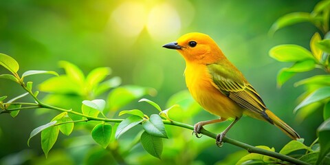 Obraz premium A vibrant yellow bird perches delicately on a slender twig, its plumage glowing against a backdrop of lush green foliage, illuminated by the soft glow of the sun.