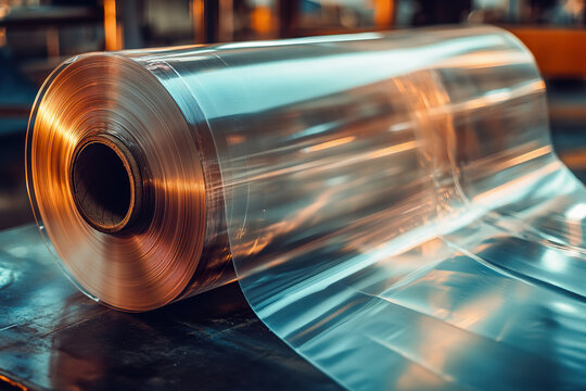 large roll of clear plastic film is being processed at manufacturing facility