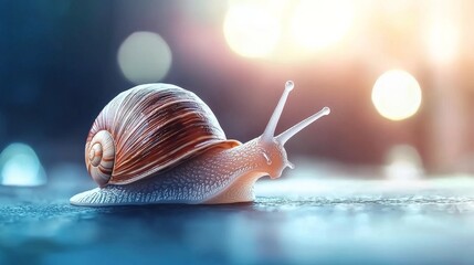 3D Rendered Snail Crawling on a Wet Surface with Blurred Bokeh Background, Minimalist Design and Space for Copy