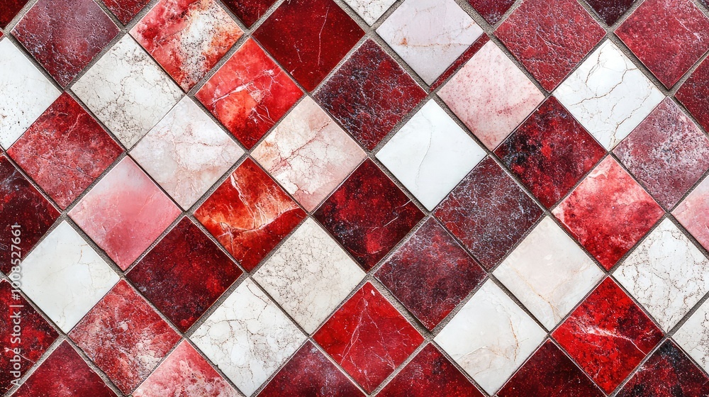 Poster interlocking diamonds in shades of red and white, arranged to create a complex, tessellating pattern