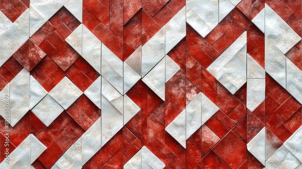 Poster interlocking diamonds in shades of red and white, arranged to create a complex, tessellating pattern