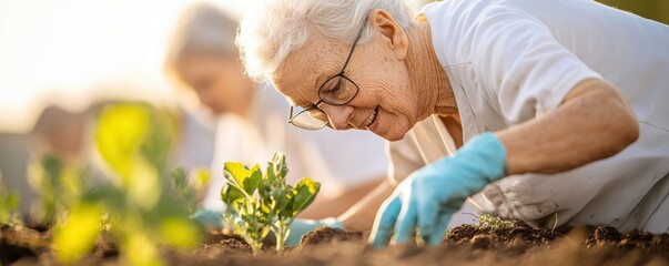 Elderly woman gardening, nurturing plants with care, wearing gloves, enjoying outdoor activity in sunlight, nursing home. Nursing home residential activity concept.