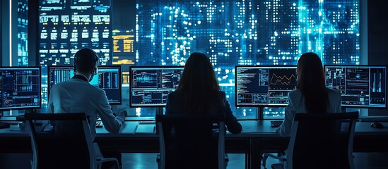 Team of data scientists in a control room, analyzing data on multiple monitors.