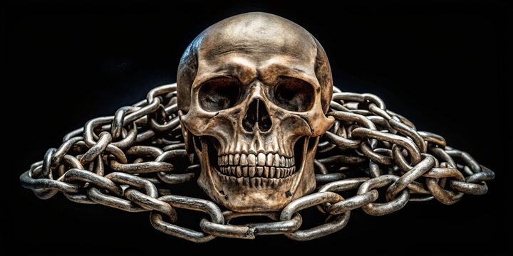 A human skull encased in a tangled web of heavy metal chains, a symbol of the weight of mortality and the inescapable grip of time.