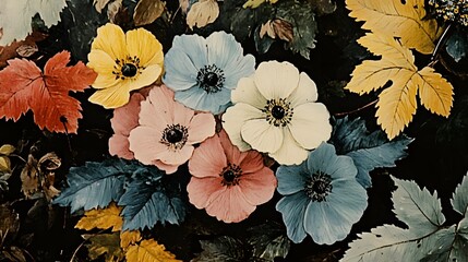 A vibrant arrangement of flowers in various colors against lush green leaves.