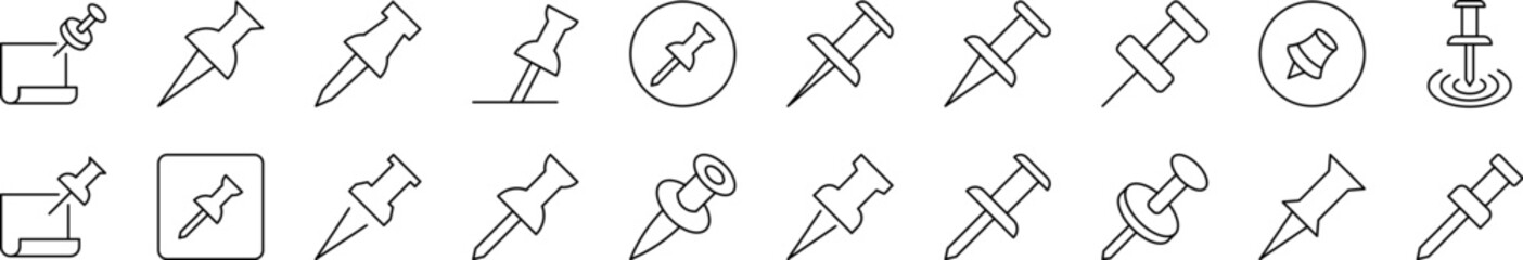 Push Pin for School and Office Outline Simple Linear Image Collection. Editable Stroke. Suitable for Web Sites, Books, Cards, Apps