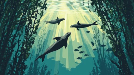 Three dolphins swim above a seal in an underwater kelp forest.