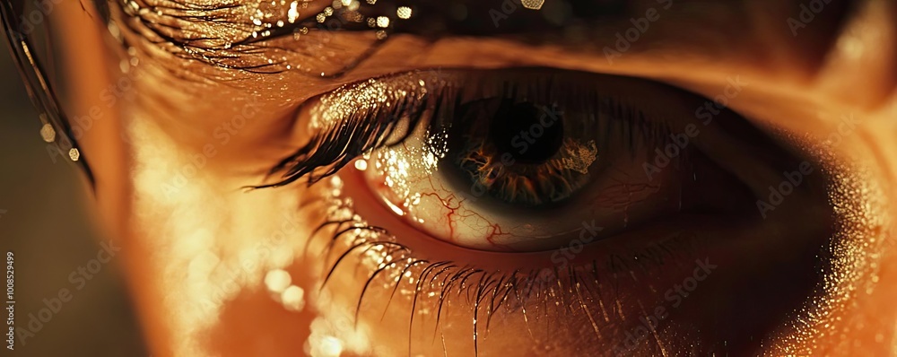 Poster close-up of a human eye showing intricate details and sparkling reflections, capturing emotion and d
