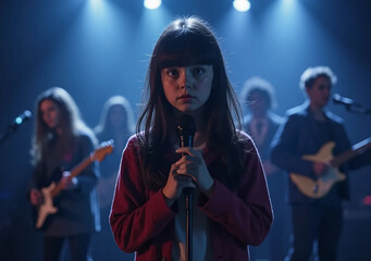 Fototapeta premium Little girl sings at a concert. Music school, learning, budding talent, stage shyness.