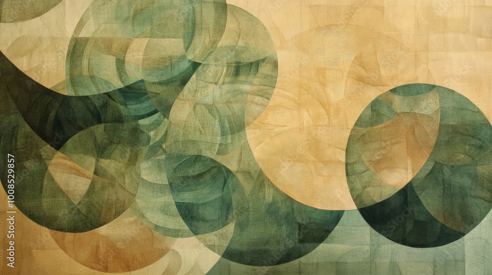 Poster overlapping, interwoven circles in shades of green and beige, forming a continuous, flowing pattern 