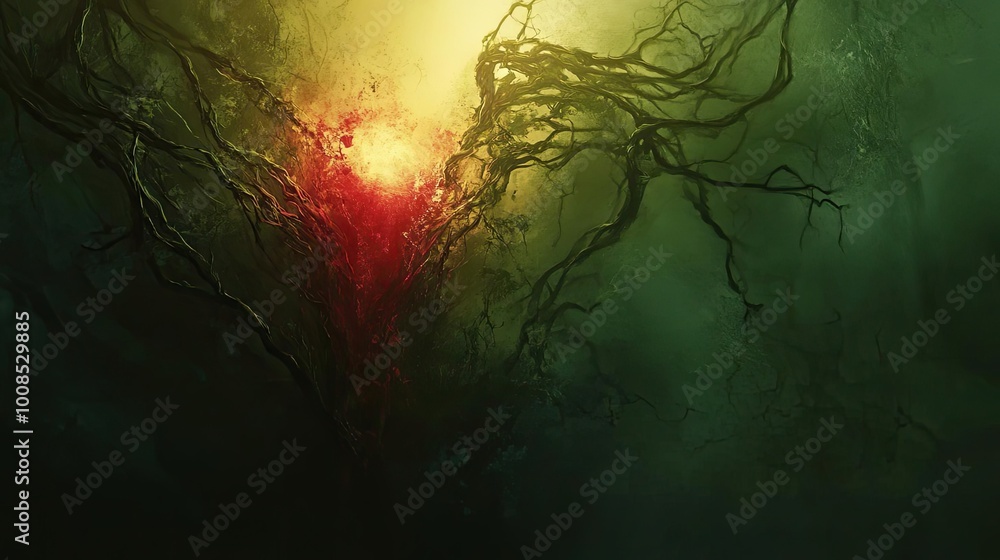 Poster a mystical forest with tangled branches and a glowing light, creating an enchanting and surreal atmo