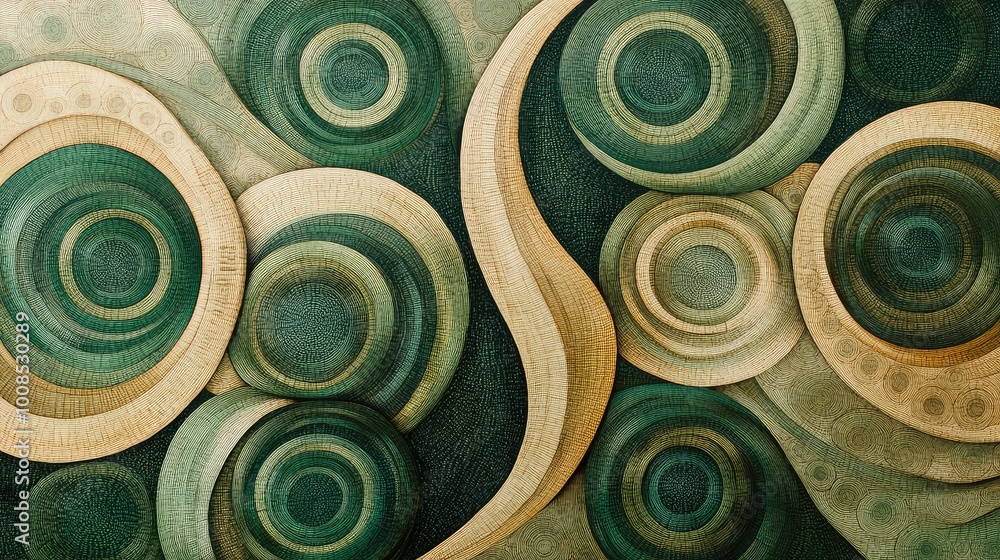 Poster overlapping, interwoven circles in shades of green and beige, forming a continuous, flowing pattern 