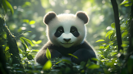 Fototapeta premium Adorable Panda Cub Sitting in Lush Green Forest, Peaceful Wildlife Sanctuary, Nature's Charm