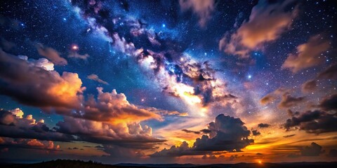 Naklejka premium Enchanting Celestial Display of Stars and Clouds Illuminating the Night Sky with a Dreamy Glow