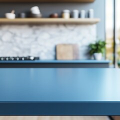  Kitchen with an empty blue countertop against a blurred background of a modern interior. Tabletop for product presentation. Clean mockup for food or laundry detergent, washing. 