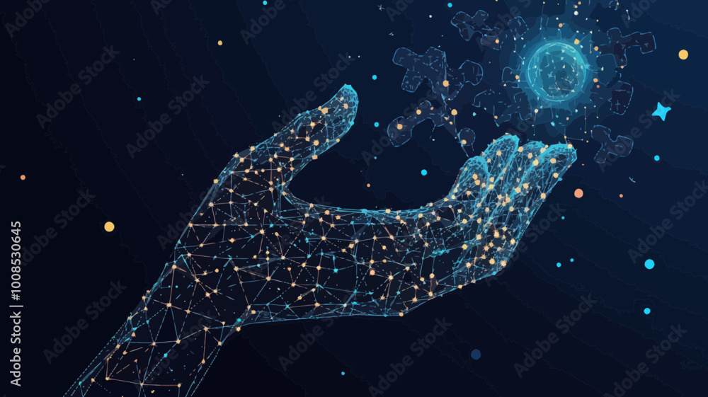 Poster hand holding puzzle of starry sky and universe, points and lines abstract vector, wireframe concept 