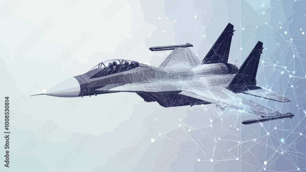 Poster grey polygonal fighter jet on abstract background with connecting dots and lines, minimalist low pol