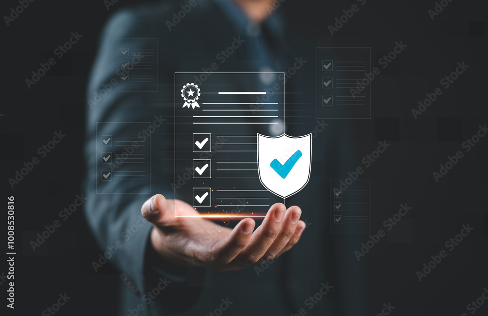 Aufkleber Businessman checking steps through document with a list of checkboxes ,regulation ,practices and policies ,Terms and conditions ,Examination of ethical rules ,Evaluate quality and efficiency