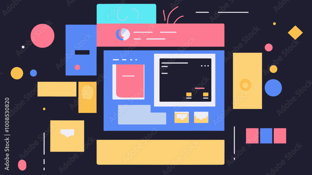 Poster colorful vector illustration of app development with ui/ux design elements, icons, and widgets for m