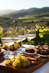 Wine glasses filled with white wine are standing on a wooden board with grapes, olives, and bread, in a vineyard setting