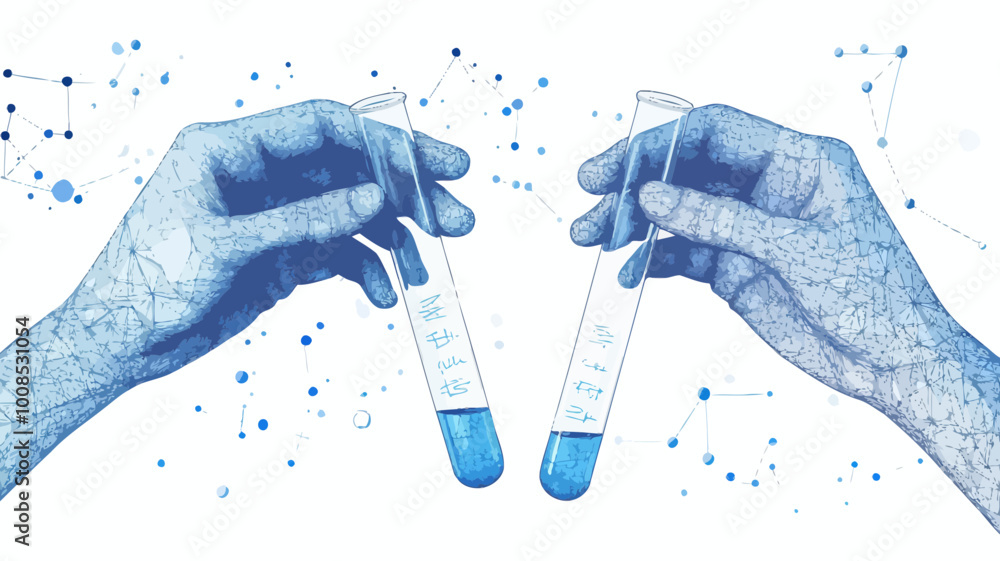 Poster low poly wireframe test tubes digital science concept hands assembling puzzle minimalist vector grap