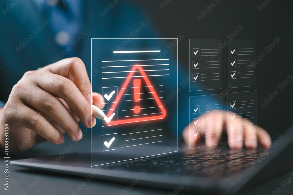 Aufkleber Businessman checking the steps through document with a list of checkboxes ,regulation ,Concepts of practices and policies , procedure company articles of association Terms and Conditions