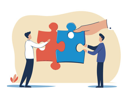 Teamwork and New Joiner Concept - Business Team Members Connecting Jigsaw Puzzles for Problem Solving and Job Fitting in Minimalist Flat Style SVG Vector