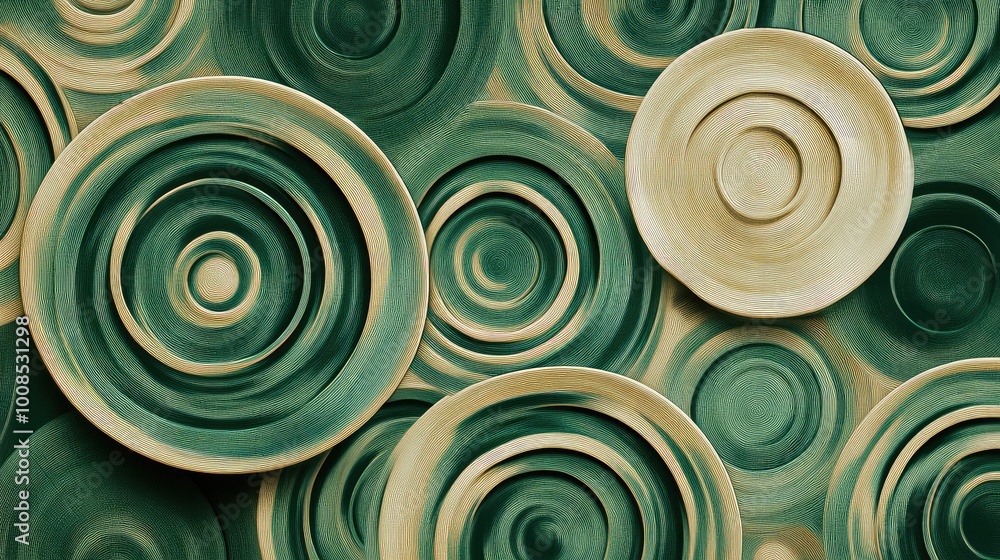 Poster overlapping, interwoven circles in shades of green and beige, forming a continuous, flowing pattern 